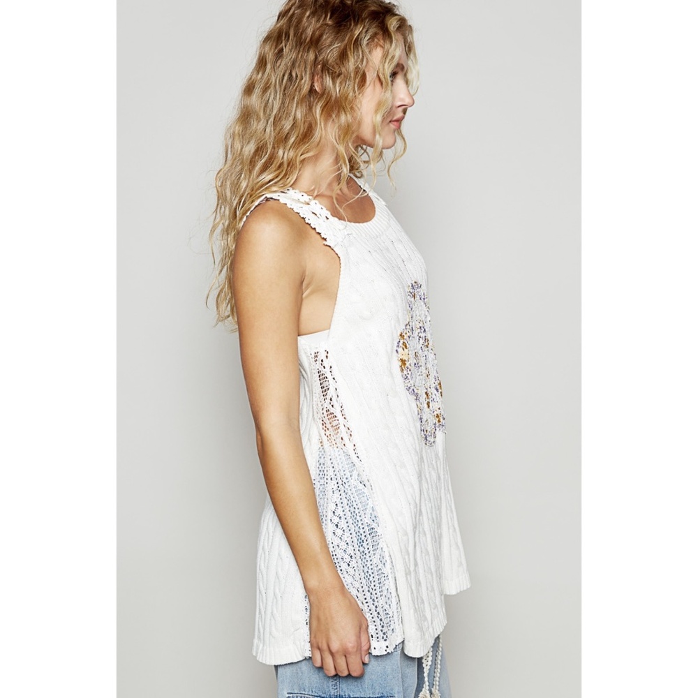 POL White Patchwork Sleeveless Lightweight Sweater Tunic | Crochet Lace Floral - Picture 3 of 5